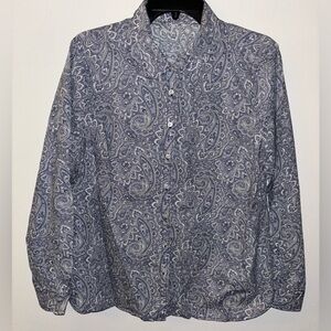 Talbots Women’s Size Large Button Down Paisley Shirt Cotton Blue And White